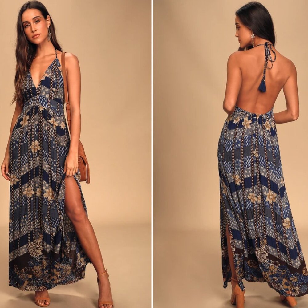 Lulus Annalisa Blue Multi Floral Print Halter Maxi Dress